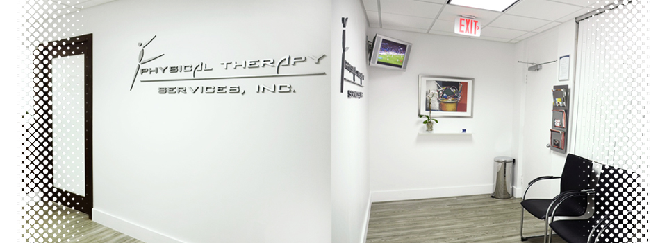 Physical Therapy Services logo on a white wall, next to a lounge waiting area.